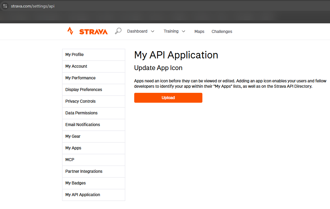 The Strava API application settings page