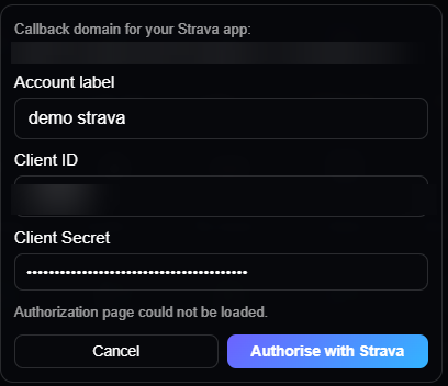 The Connect Strava Live form in Personal Dashboard settings