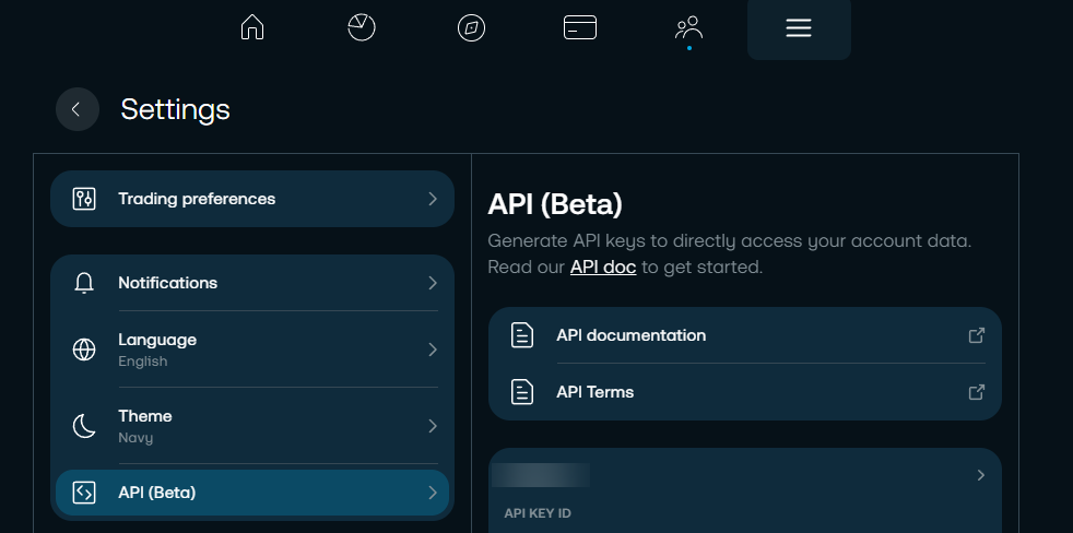 Trading 212 settings with the API (Beta) section open