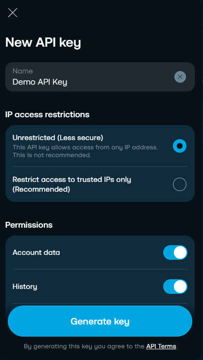The Trading 212 API key permission list with read-only scopes enabled