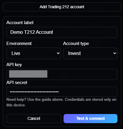 The Add Trading 212 account form in Personal Dashboard settings