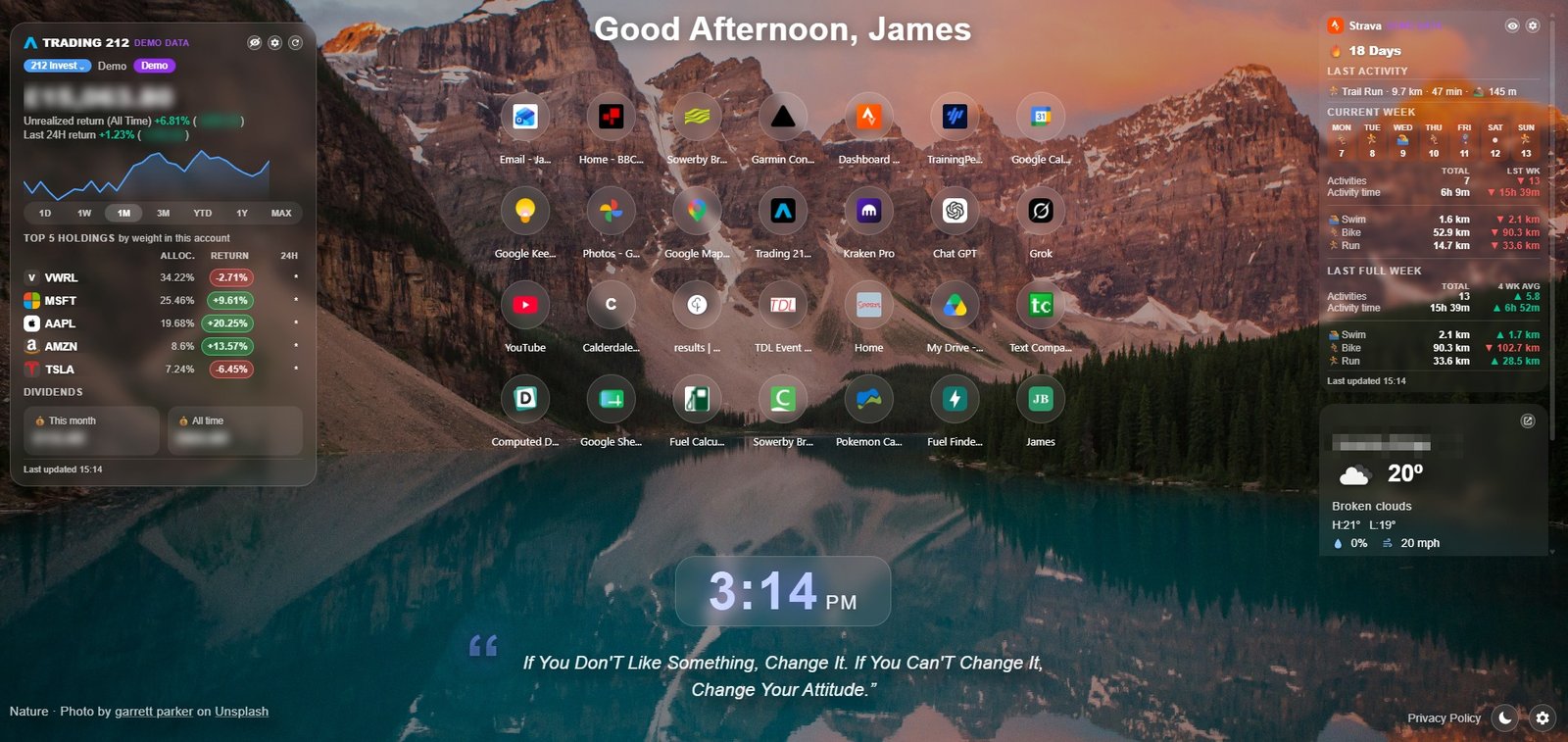 Personal Dashboard new tab showing bookmarks, a watchlist, weather, a Trading 212 portfolio card and a Strava training card