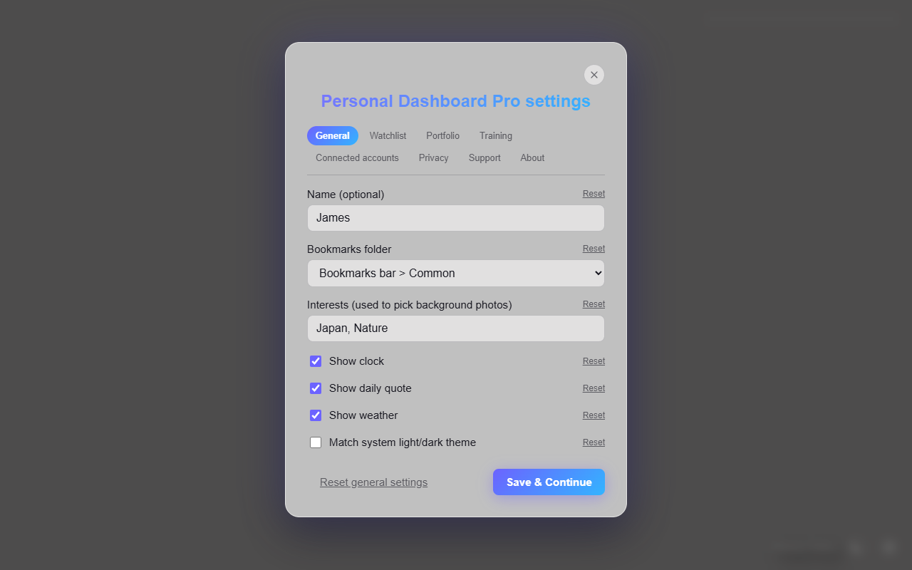 The General tab of Personal Dashboard settings, showing name, bookmark folder and background interests