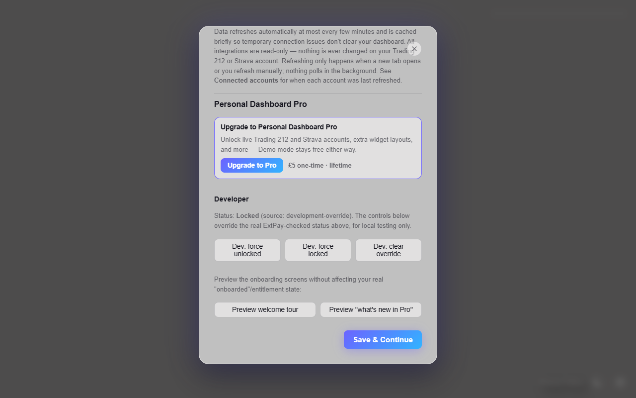 The Personal Dashboard Pro upgrade screen showing the £5 one-time price